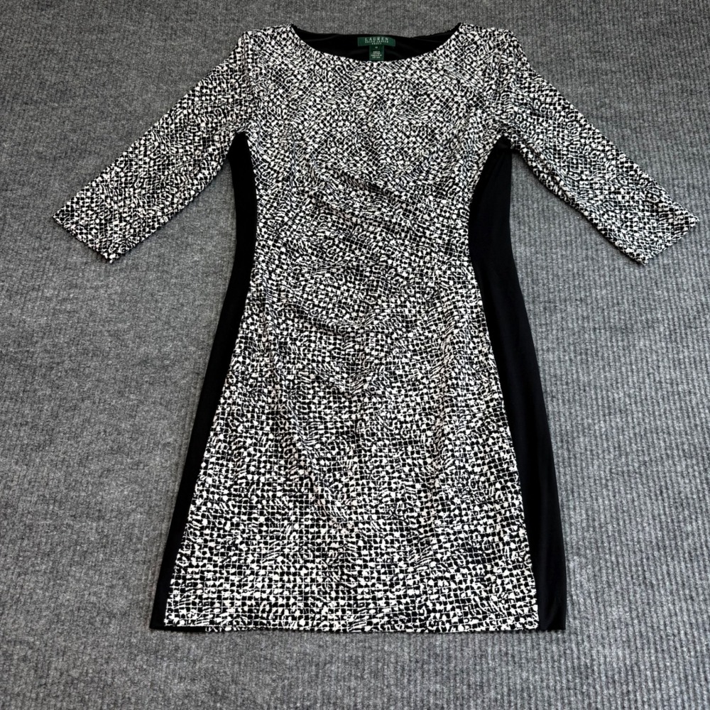 Lauren Ralph Lauren Black White Geometric Sheath Dress 3/4 Sleeve Ruched Size 12
